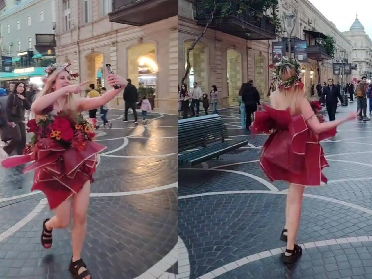 Bakıda qeyri-adi geyimli gənc qızın görüntüləri maraq doğurdu – VİDEO